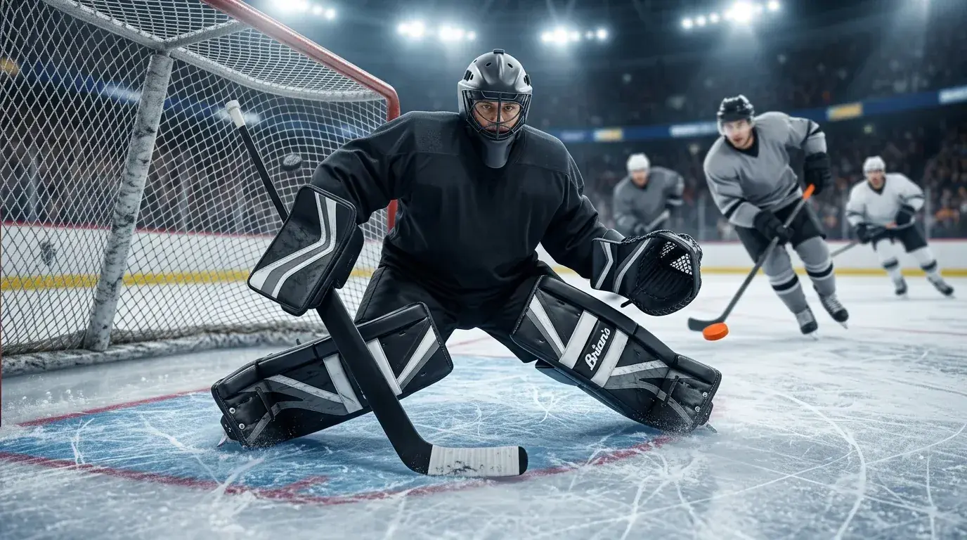 Guarda-redes de hóquei no gelo em posição de defesa durante jogo da NHL