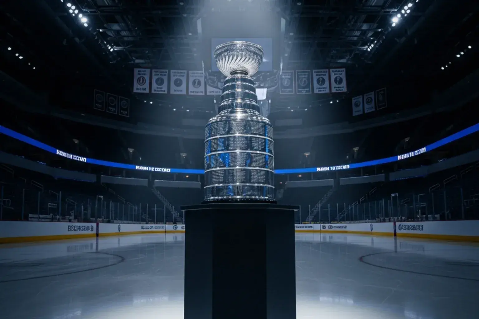 Troféu Stanley Cup exposto numa arena de hóquei no gelo