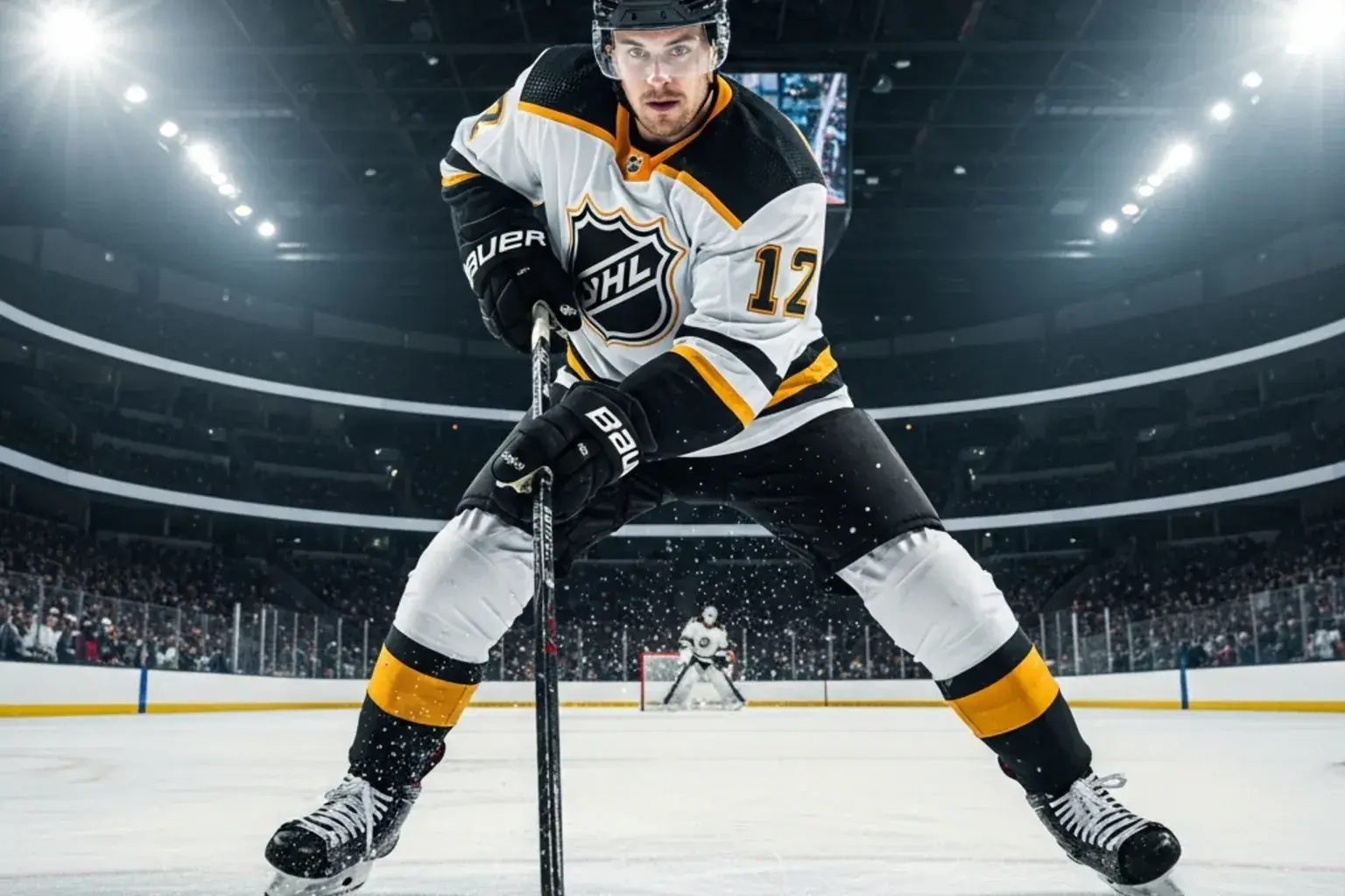 Jogador de hóquei no gelo a preparar um remate durante um jogo da NHL