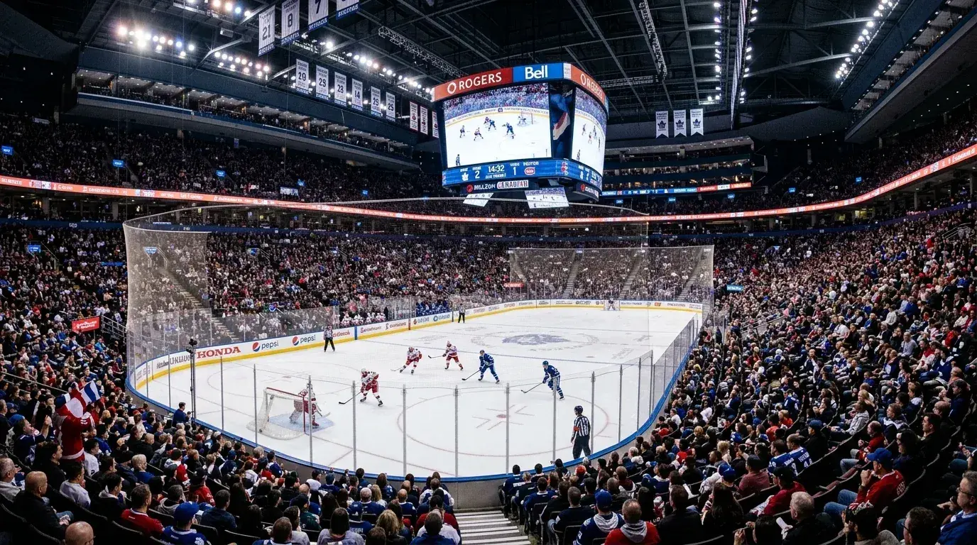 Vista geral de uma pista de hóquei no gelo durante um jogo noturno da NHL