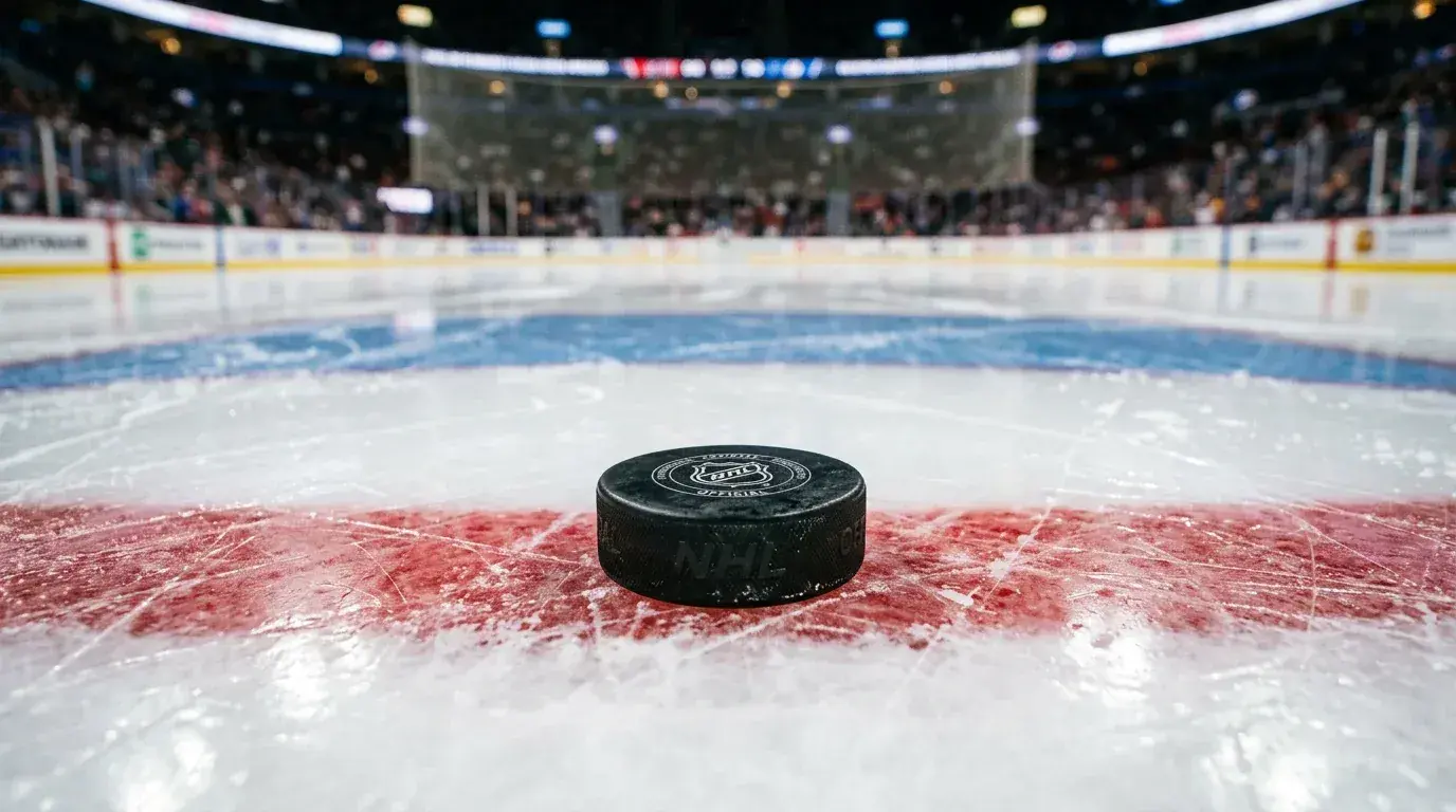 Disco de hóquei no gelo junto ao risco central de uma pista NHL