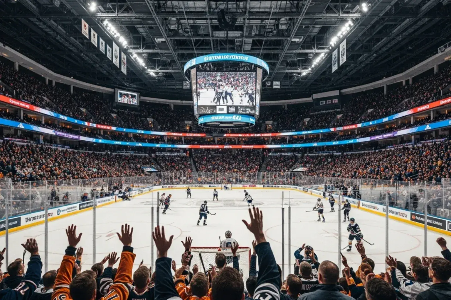 Bancada lotada de adeptos numa arena de hóquei no gelo da NHL