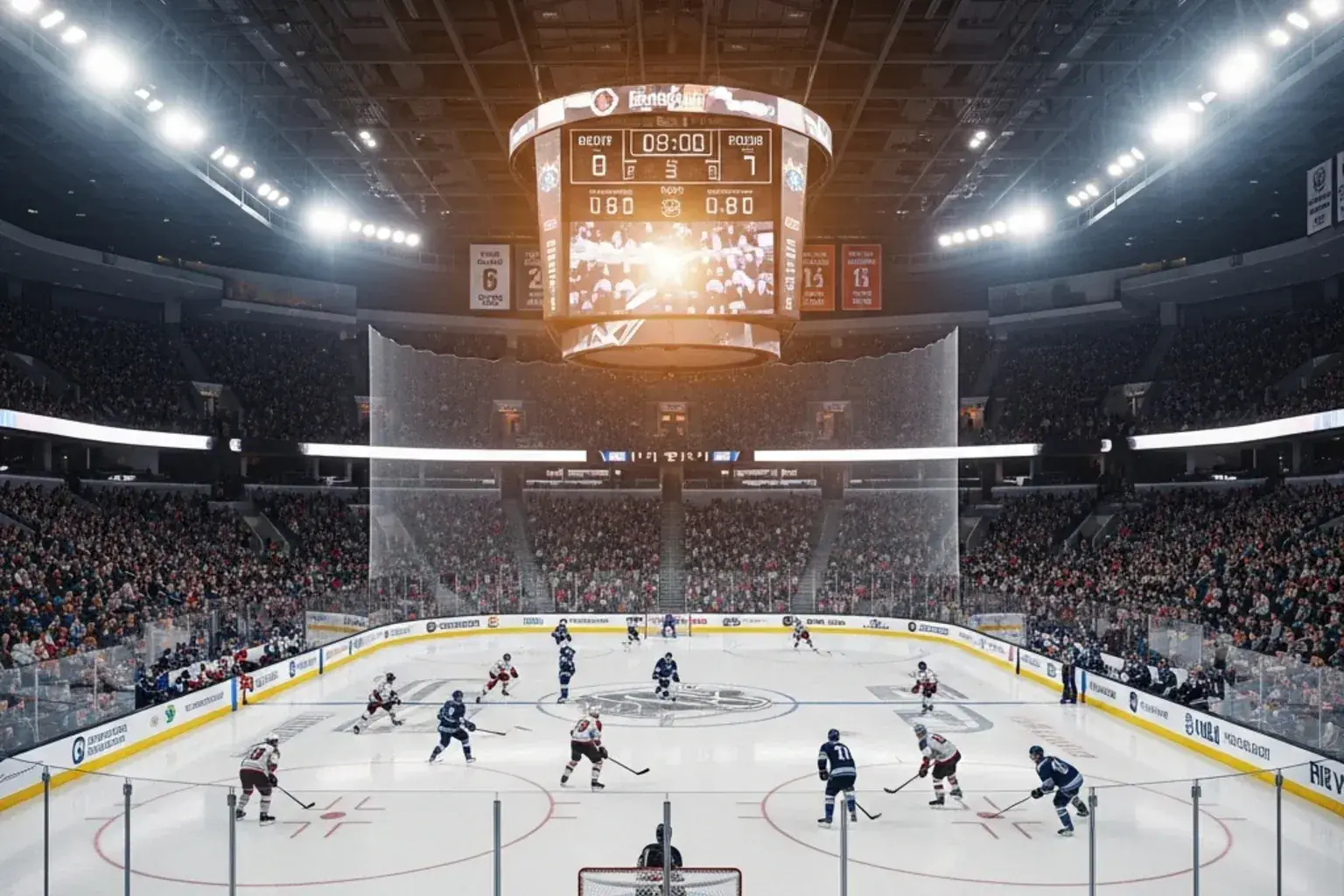Arena de hóquei no gelo da NHL com público e ecrã de resultados
